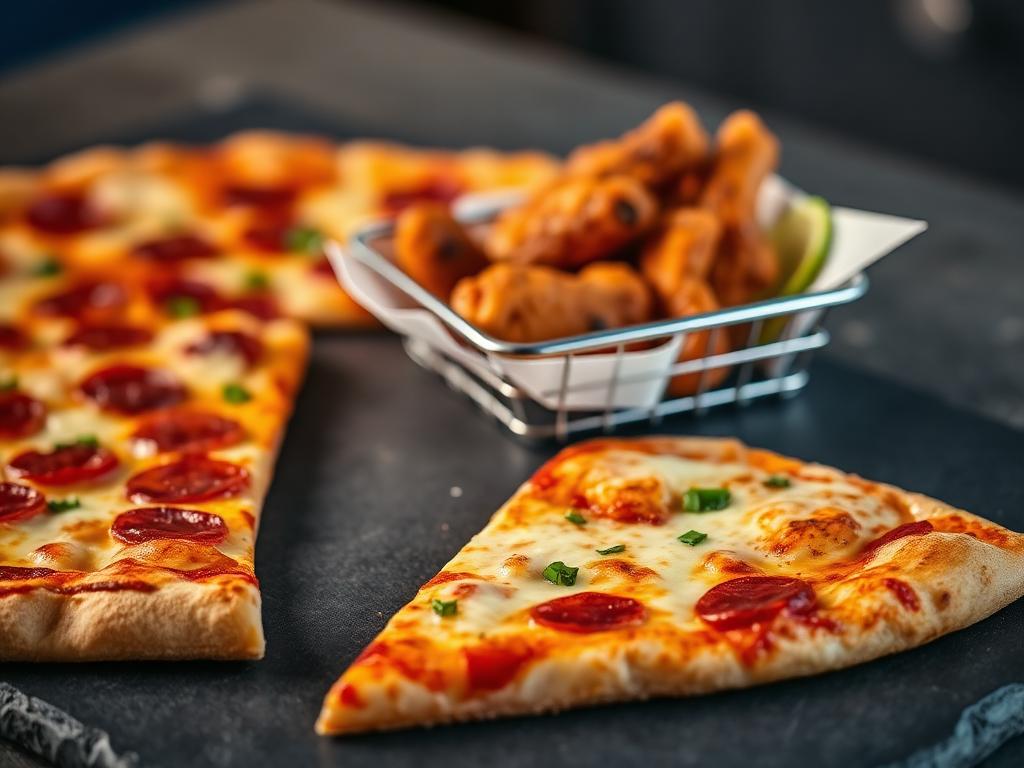 Fresh pizza and a basket of crispy chicken wings